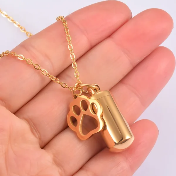 Pet Dog Paw Charm & Cylinder Memorial Urn Necklace Stainless Steel Keepsake Pendant Ashes Holder Cremation Jewelry Dropshipping - Image 2