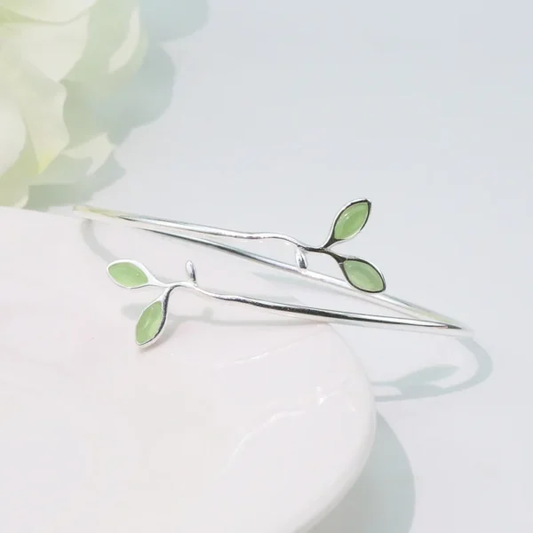 925 Sterling Silver Bracelet Bangle Simple Green Leaf Elegant Nature For Woman Girl Fashion Jewelry Gift - Image 2