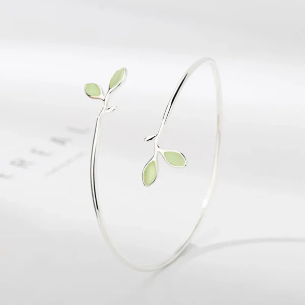 925 Sterling Silver Bracelet Bangle Simple Green Leaf Elegant Nature For Woman Girl Fashion Jewelry Gift - Image 6