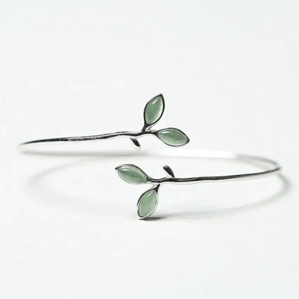 925 Sterling Silver Bracelet Bangle Simple Green Leaf Elegant Nature For Woman Girl Fashion Jewelry Gift