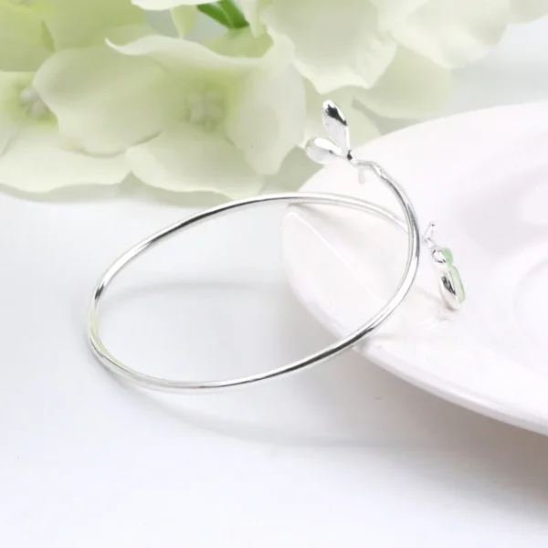 925 Sterling Silver Bracelet Bangle Simple Green Leaf Elegant Nature For Woman Girl Fashion Jewelry Gift - Image 5