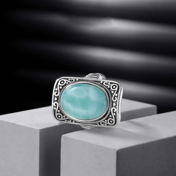 VENTFILLE 925 Sterling Silver Geometry Blue Stone Ring For Women Vintage Texture Design Adjustable Jewelry Gift Dropshipping - Image 2