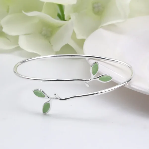 925 Sterling Silver Bracelet Bangle Simple Green Leaf Elegant Nature For Woman Girl Fashion Jewelry Gift - Image 4