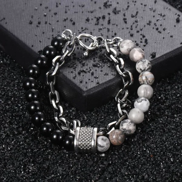 New 2020 Men's Tiger Eye Stone Beaded Bracelet Stainless Steel Gunmetal Link Chain Yoga Bracelet Male Jewelry - Image 5