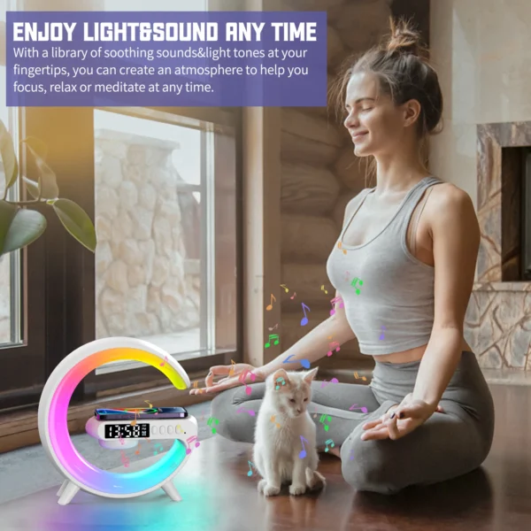 Small RGB Wireless Charger Smart Wireless Bluetooth Speakers Sunrise Alarm Clock & Wake Up Light 15W Fast Charging Dock Station - Image 5