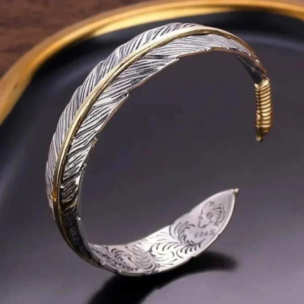 925 Sterling Silver Bracelet Bangle Feather Golden Flower Vintage Punk For Woman Men Fashion Jewelry Gift - Image 2