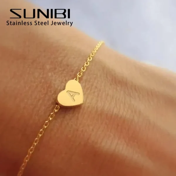 SUNIBI Heart Initial 26 Letter Bracelet for Woman DIY Simple Stainless Steel Adjustable Bracelets Jewelry