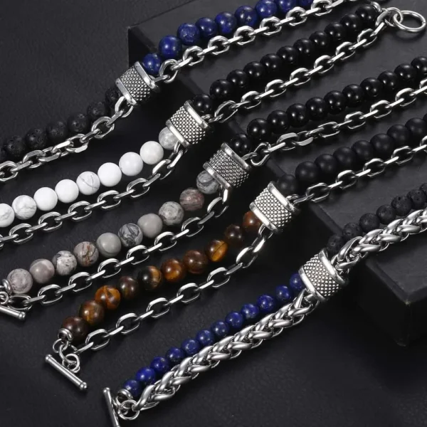 New 2020 Men's Tiger Eye Stone Beaded Bracelet Stainless Steel Gunmetal Link Chain Yoga Bracelet Male Jewelry - Image 4