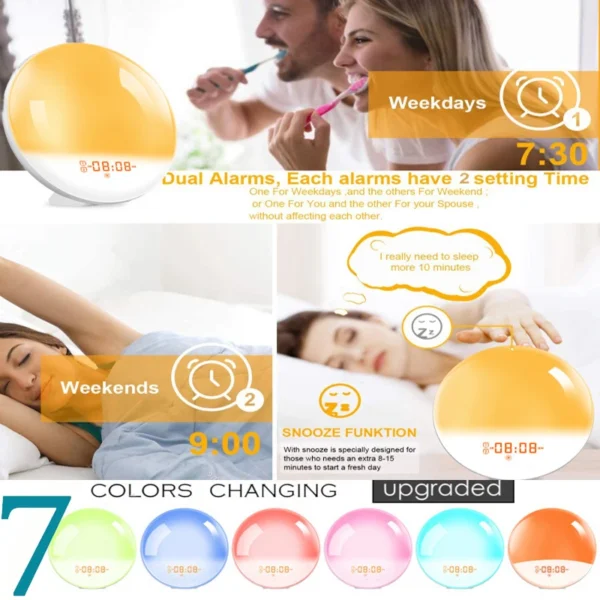 Wake Up Light Alarm Clock with Sunrise/Sunset Simulation Dual Alarms FM Radio Nightlight 7 Colors Natural Sounds Snooze - Image 3