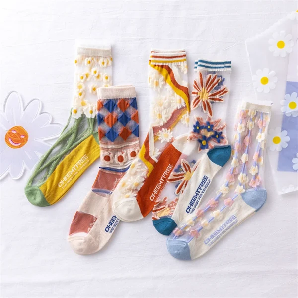 Chic Summer Ladies Mid-Tube Lace Splicing Cotton Mesh Breathable Thin Glass Silk Crystal Little Flower Vine Socks