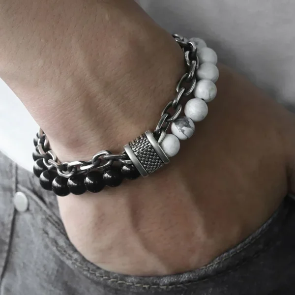 New 2020 Men's Tiger Eye Stone Beaded Bracelet Stainless Steel Gunmetal Link Chain Yoga Bracelet Male Jewelry - Image 2