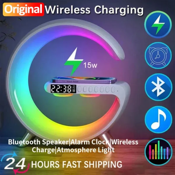 Small RGB Wireless Charger Smart Wireless Bluetooth Speakers Sunrise Alarm Clock & Wake Up Light 15W Fast Charging Dock Station