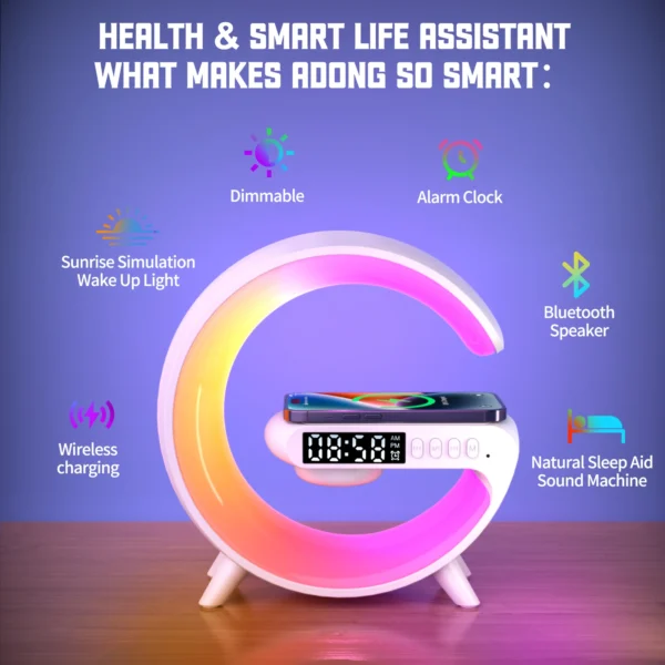 Small RGB Wireless Charger Smart Wireless Bluetooth Speakers Sunrise Alarm Clock & Wake Up Light 15W Fast Charging Dock Station - Image 3