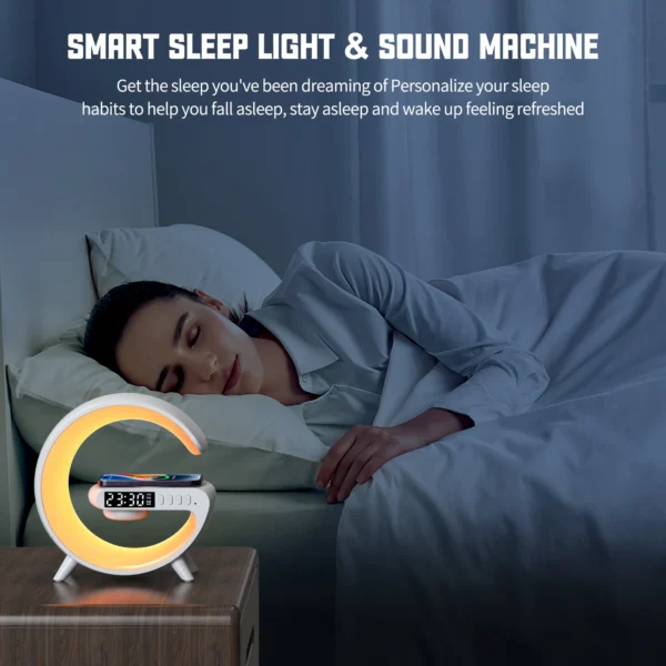 Small RGB Wireless Charger Smart Wireless Bluetooth Speakers Sunrise Alarm Clock & Wake Up Light 15W Fast Charging Dock Station - Image 4