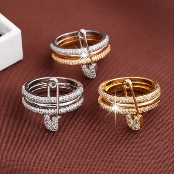 Female Personality Micro-inset Zircon Pin Ring  Wedding Jewelry Creative Fashion Three-color Ring Can Be Split Ring