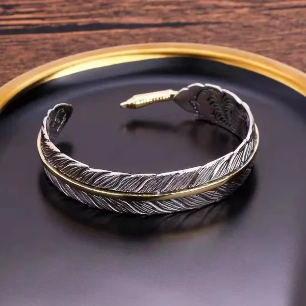 925 Sterling Silver Bracelet Bangle Feather Golden Flower Vintage Punk For Woman Men Fashion Jewelry Gift - Image 4