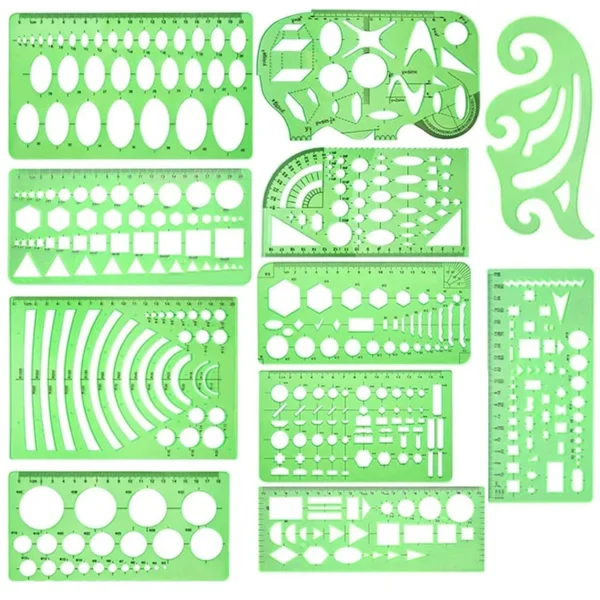IMZAY 11 Pcs/set Green Hollow Measuring Rulers Tailor Sewig Supplies Office School Templates Teaching Tools Plastic Rulers