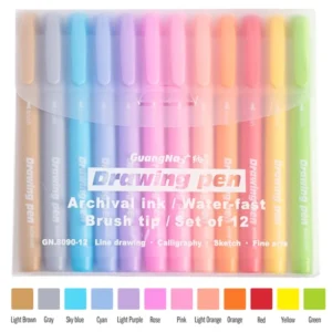 Arts Sign Brush Pen Marker Felt Tip Water Based Ink Color Pens 12 Assorted Pastel Colors for Lettering, Journaling, Calligraphy