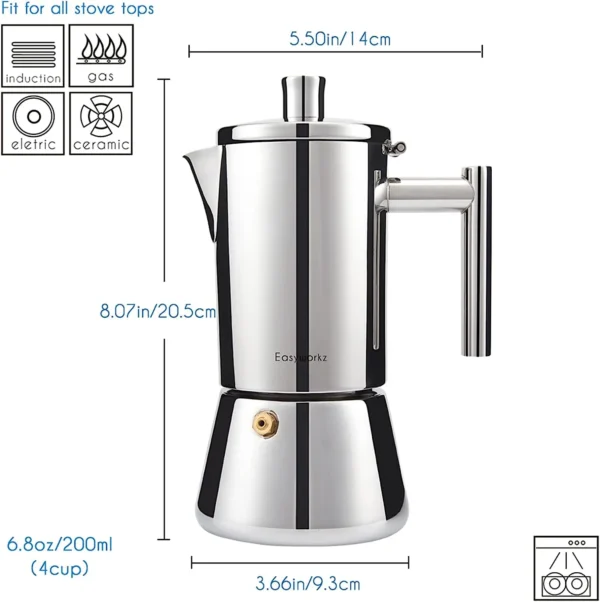 Easyworkz Diego Stovetop Espresso Maker Stainless Steel Italian Coffee Machine Maker 4Cup 6.8 oz Induction Moka Pot - Image 2